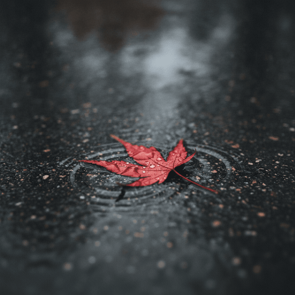 a lone red maple leaf on wet asphalt after rain